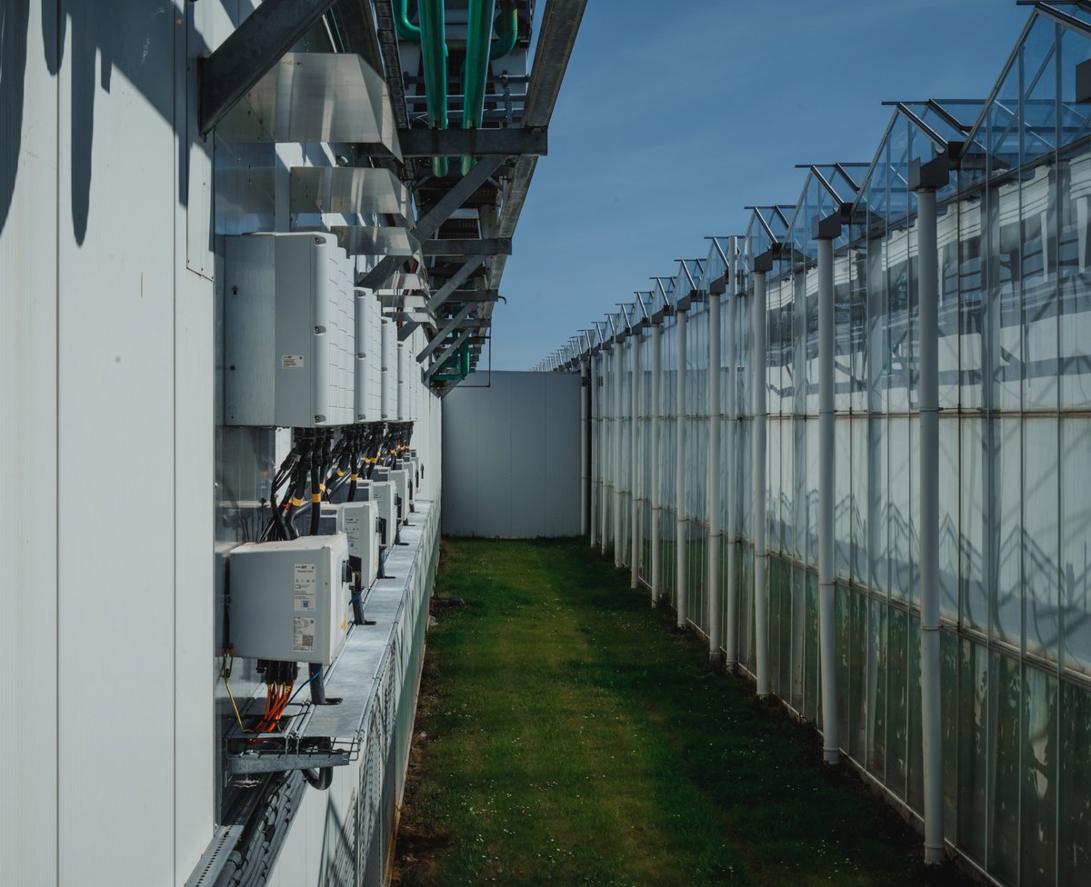 Rijen elektrische omvormers en kabels langs een witte gevel, met daarnaast een strook gras en een lange glazen kas onder een blauwe lucht.