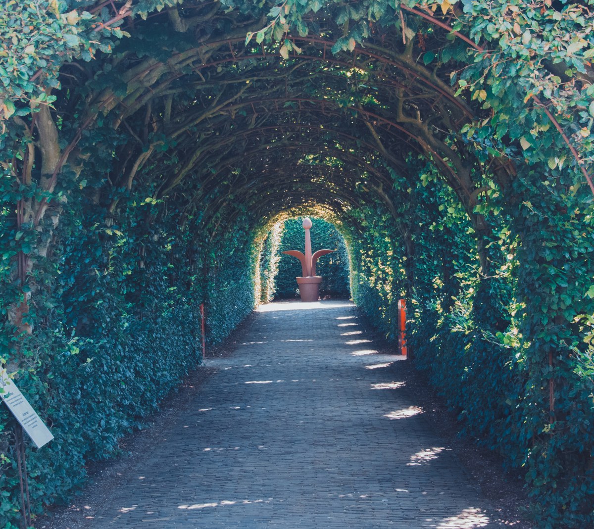 Een bladerrijke tuintunnel van gebogen takken en groene hagen omlijst een geplaveid pad dat leidt naar een roodbruin sculptuur in het licht.