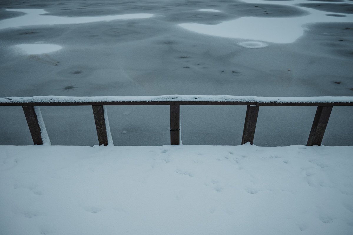 Een besneeuwde steiger in het Wilhelminapark