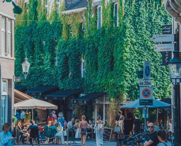Een levendig terras met parasols voor een volledig met klimop begroeide gevel, waar mensen zitten en wandelen in een zonnige straat in Maastricht.