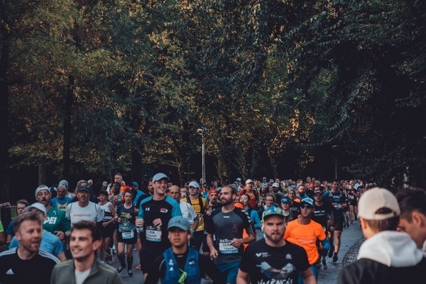 Grote groep hardlopers met startnummers rent door een bosrijk park tijdens de Amsterdam Marathon, gadegeslagen door toeschouwers langs de route.