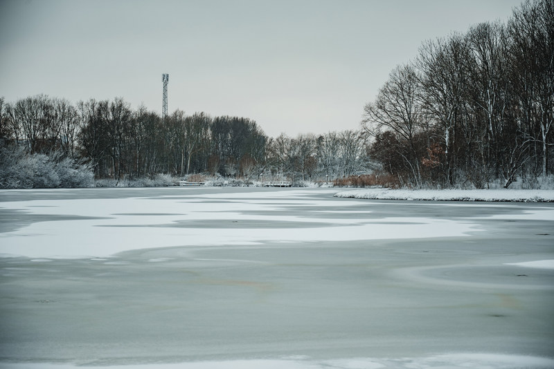 Besneeuwd meer in het Wilhelminapark, met op de achtergrond Rijswijk